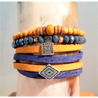 leren wikkelarmband geel/ blauw leren wikkelarmband geel/ blauw